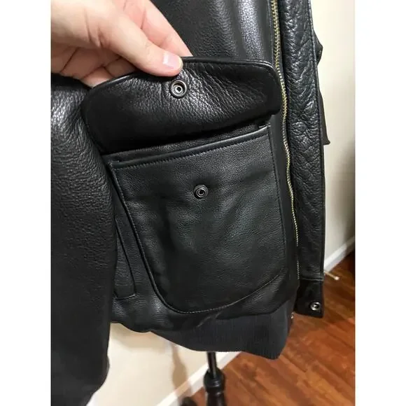Game Sportswear Bomber Jacket Mens Medium Black Premium Leather FLAW